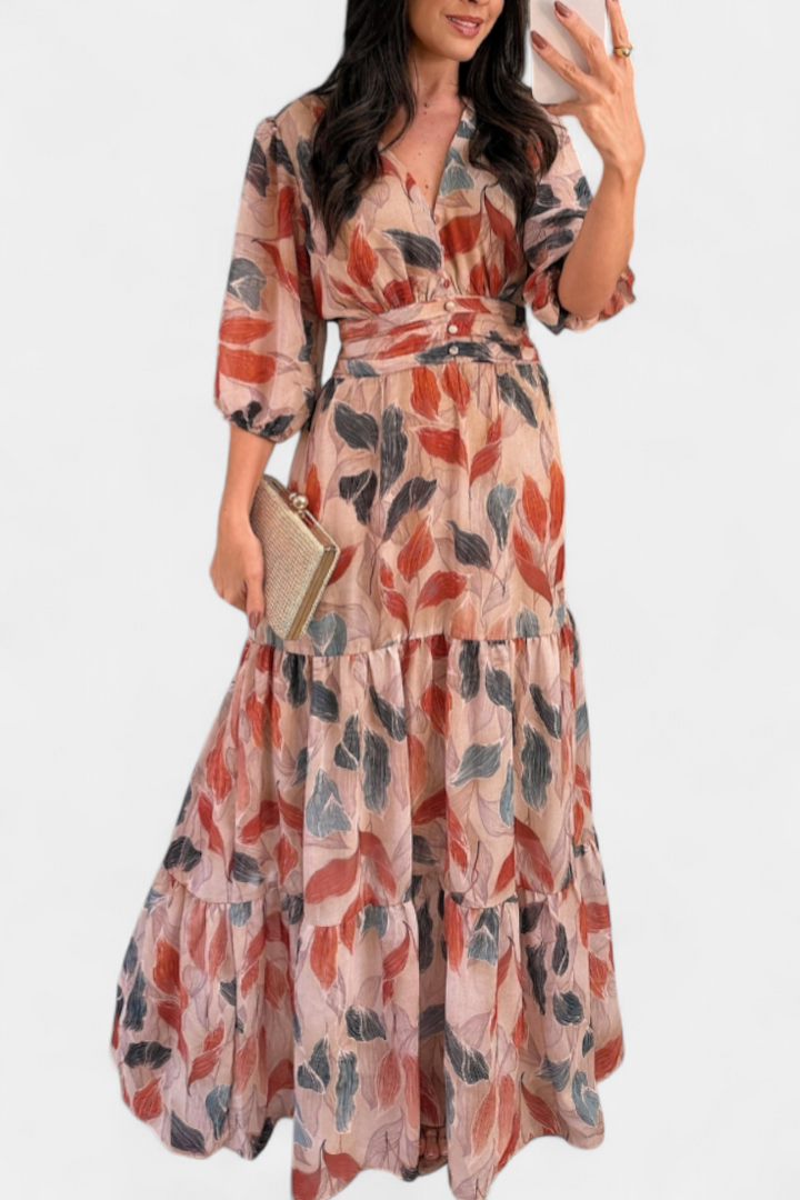 Aíša Garais Gėlių Suknelė su Plūstančiu Kirpimu ir Lapų Raštu