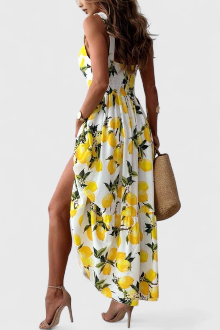 Vestido Huda Maxi com Estampa de Limão e Alças com Abertura Lateral