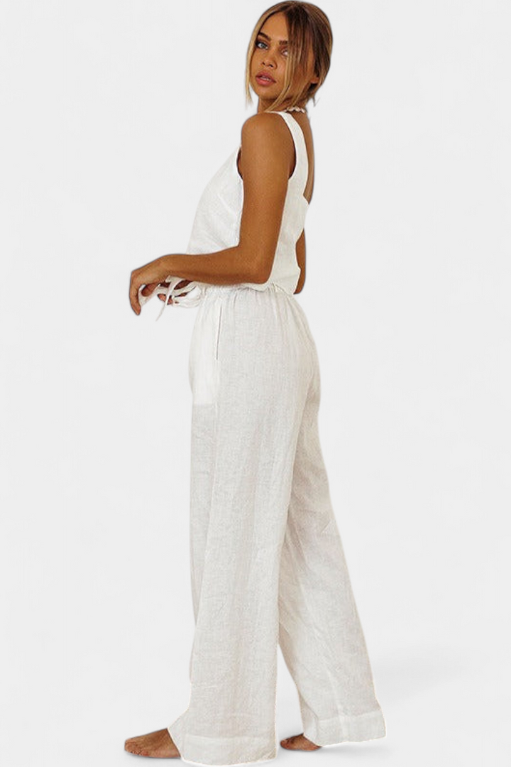 Conjunto de Linho Pascuala com Blusa Sem Mangas e Calças Fluídas