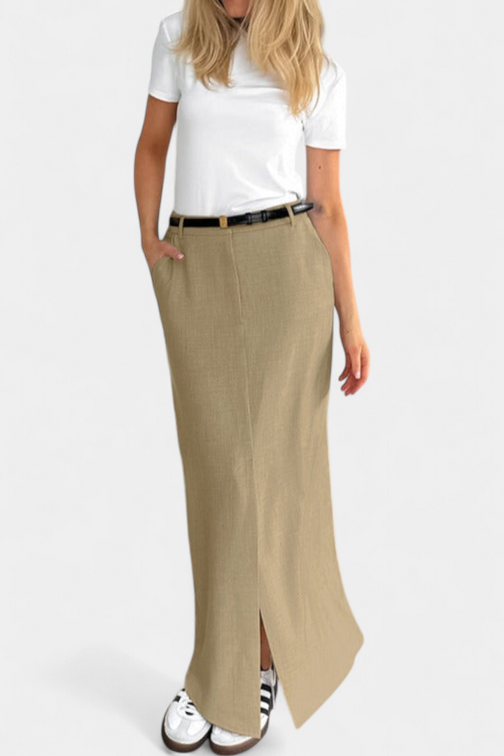 Amani Aukštos Juosmens Ilga Sijonas su Priekinėmis Iškirptomis ir Tiesiu Kirpimu