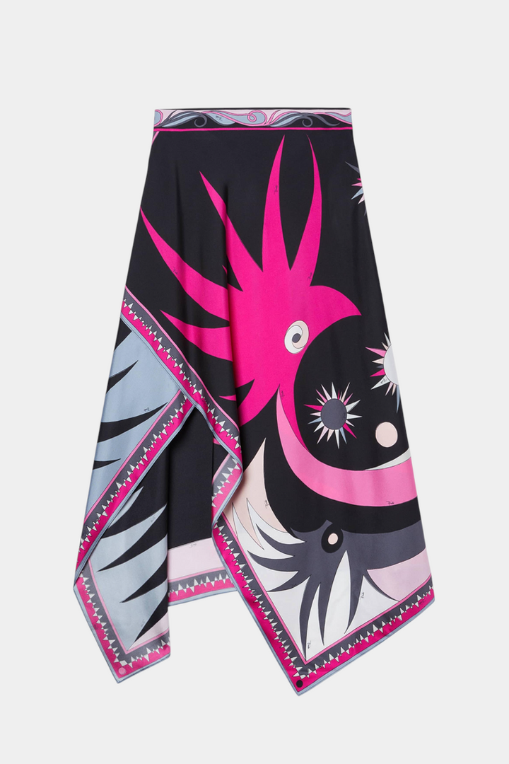 Conjunto Ciana de Satinho com Saia Abstrata e Top Halter