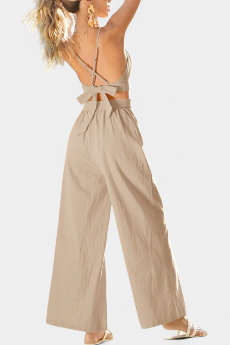 Valentina Atvira Nugaros Nėrinių Liemenė ir Plati Kelnės Komplektas