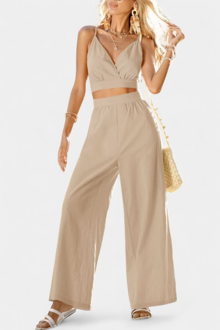 Valentina Atvira Nugaros Nėrinių Liemenė ir Plati Kelnės Komplektas