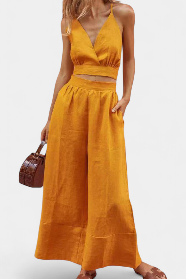 Valentina Atvira Nugaros Nėrinių Liemenė ir Plati Kelnės Komplektas